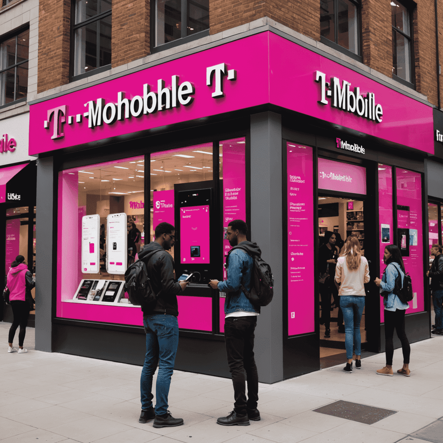 T-Mobile store front with new recharge options displayed prominently on digital screens. Customers are seen interacting with the new system on their smartphones.