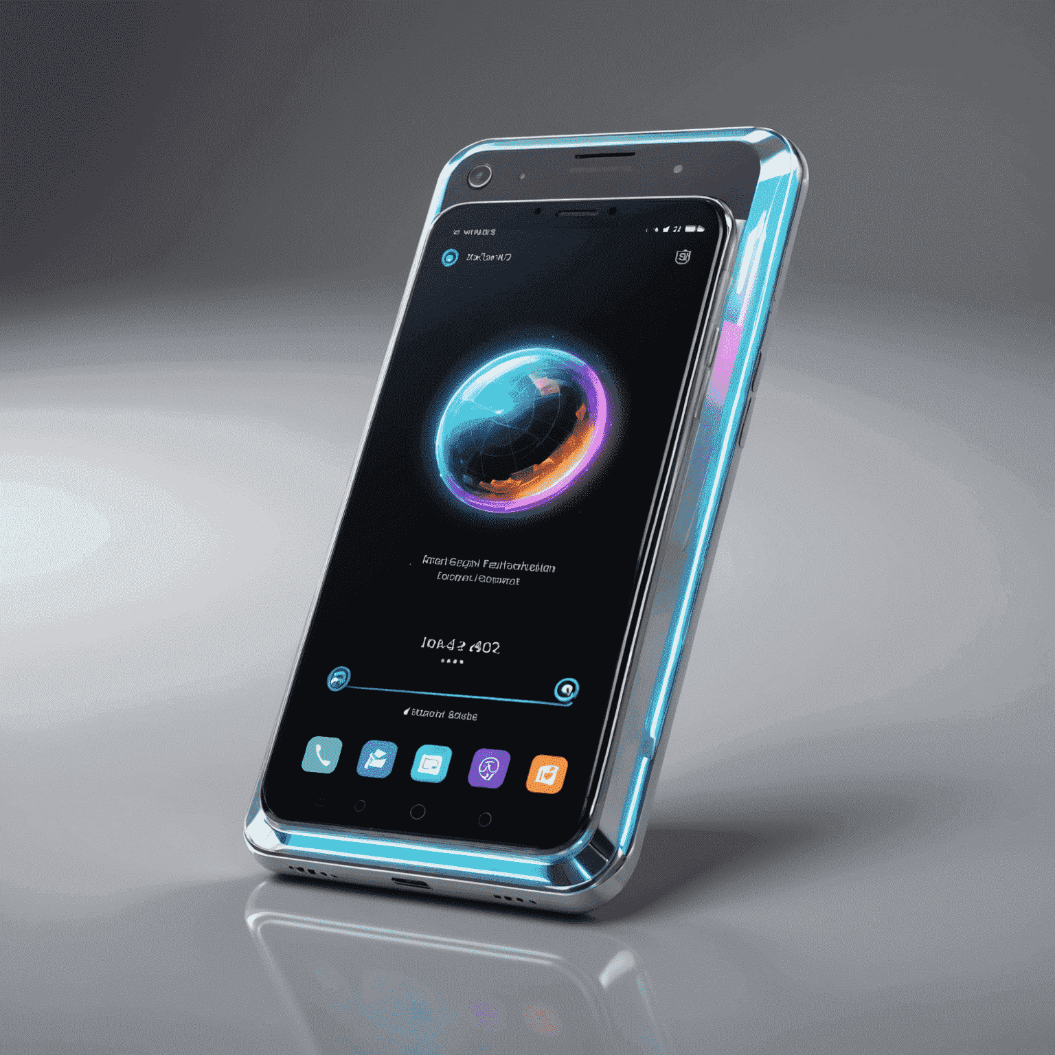 A futuristic smartphone with holographic display floating above it, showcasing cutting-edge mobile technology