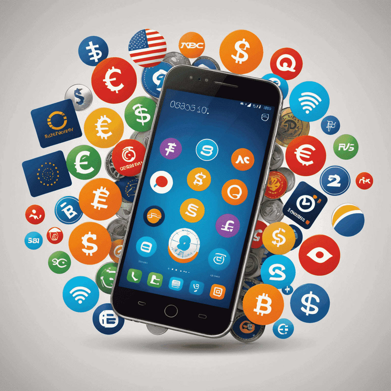 Illustration of a smartphone with various mobile operator logos and currency symbols, representing quick and convenient phone top-up service