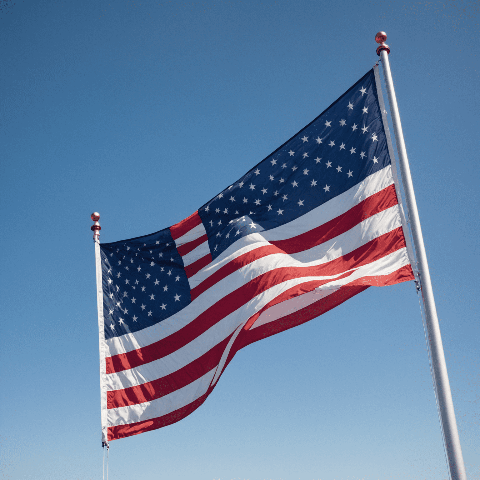 USA flag waving in the wind, with stars and stripes visible against a blue sky background