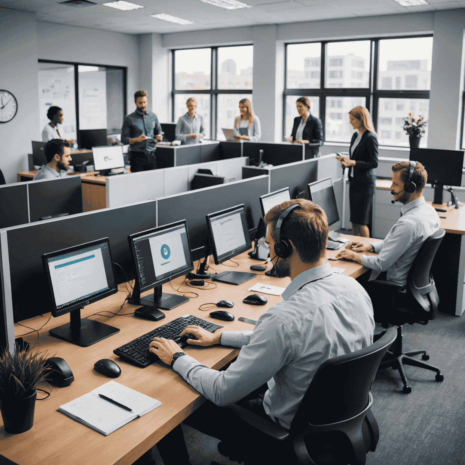 A team of customer support representatives working in a modern office environment, showcasing 24/7 availability with various communication channels like phone, chat, and email.