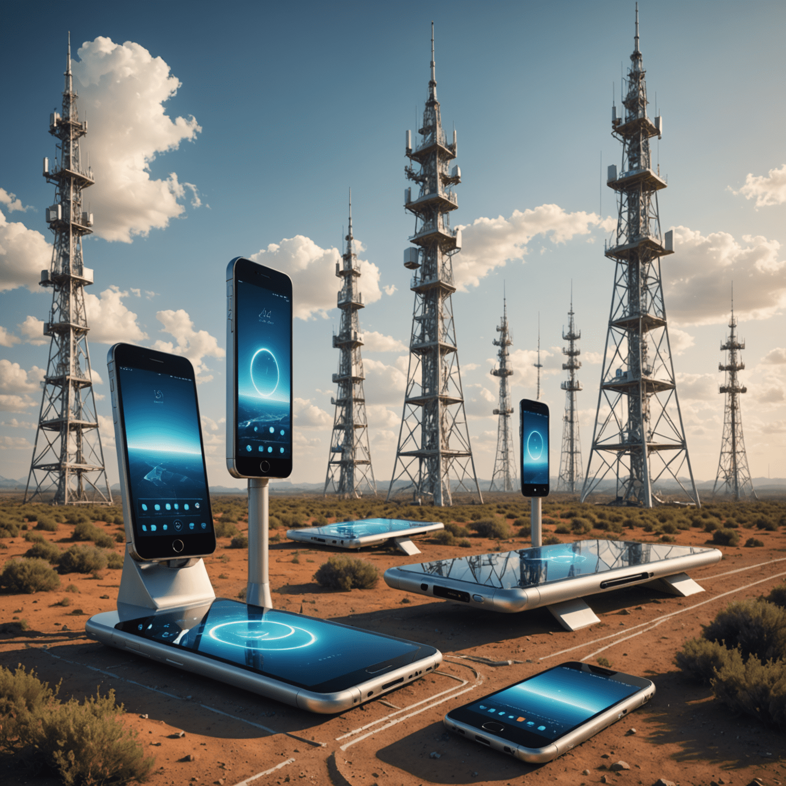 Futuristic mobile devices and telecommunication towers, showcasing the latest advancements in mobile technology