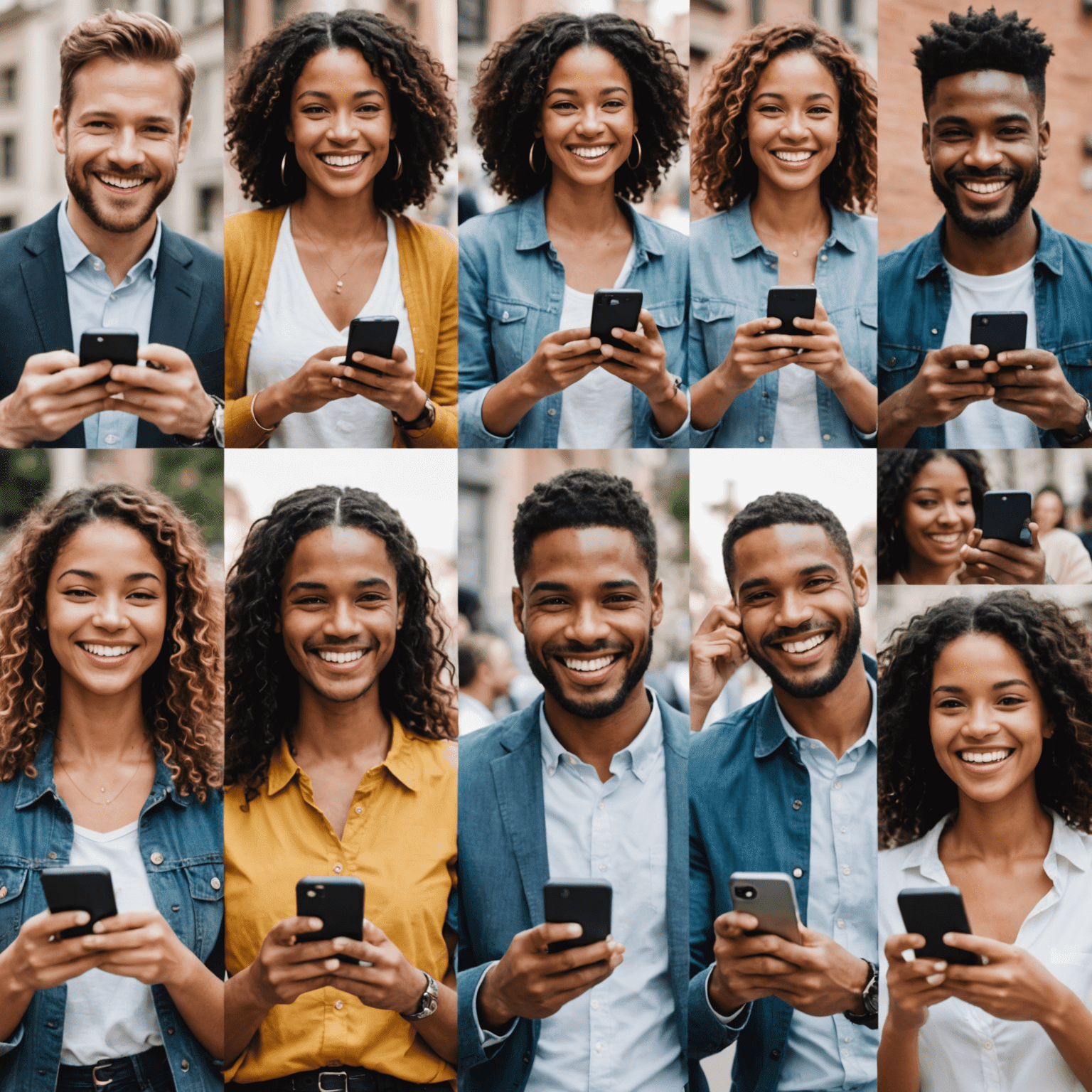 Collage of diverse, smiling people using their smartphones, representing satisfied customers of Phonebirety.com's top-up service