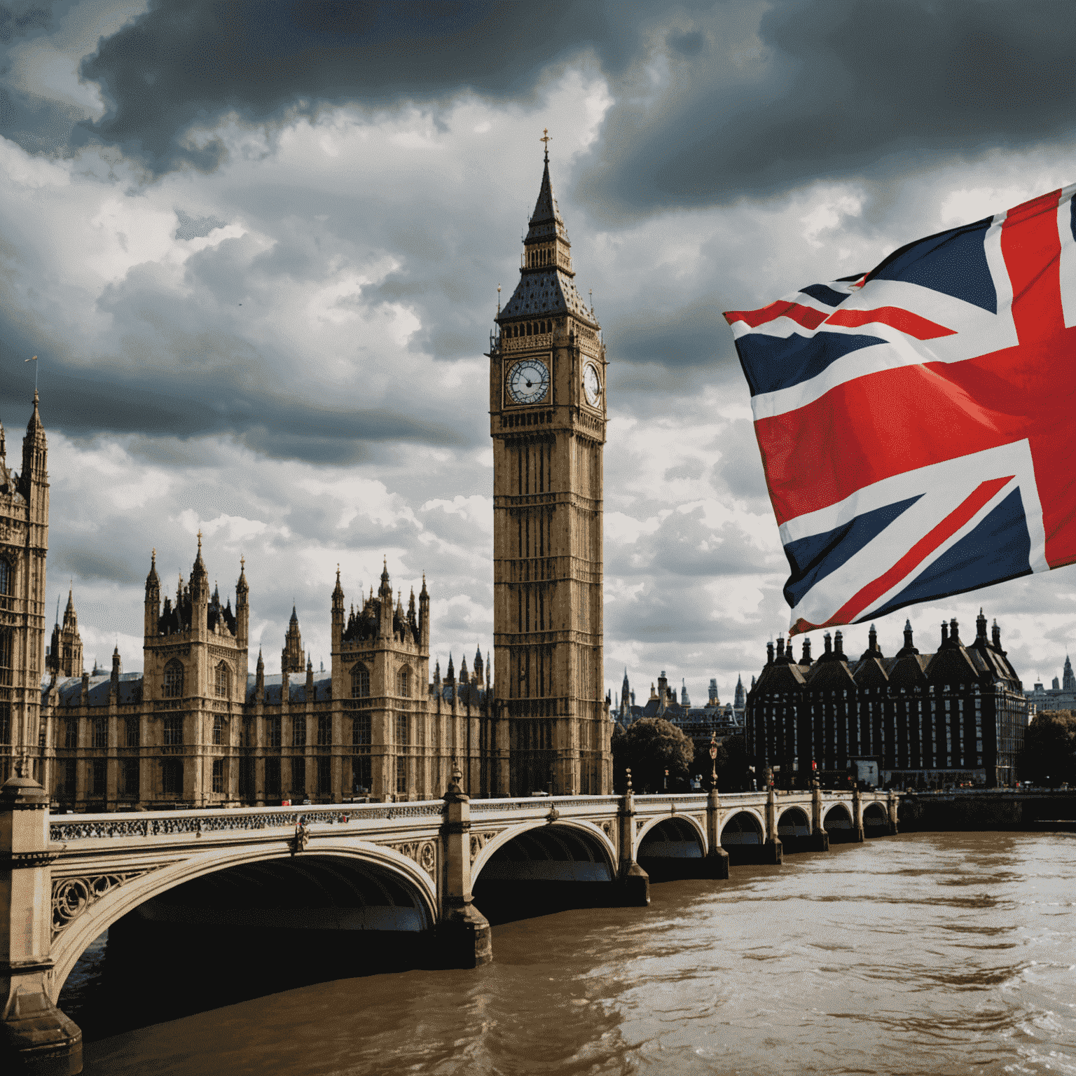 UK flag, Union Jack, fluttering against a cloudy London skyline with Big Ben visible