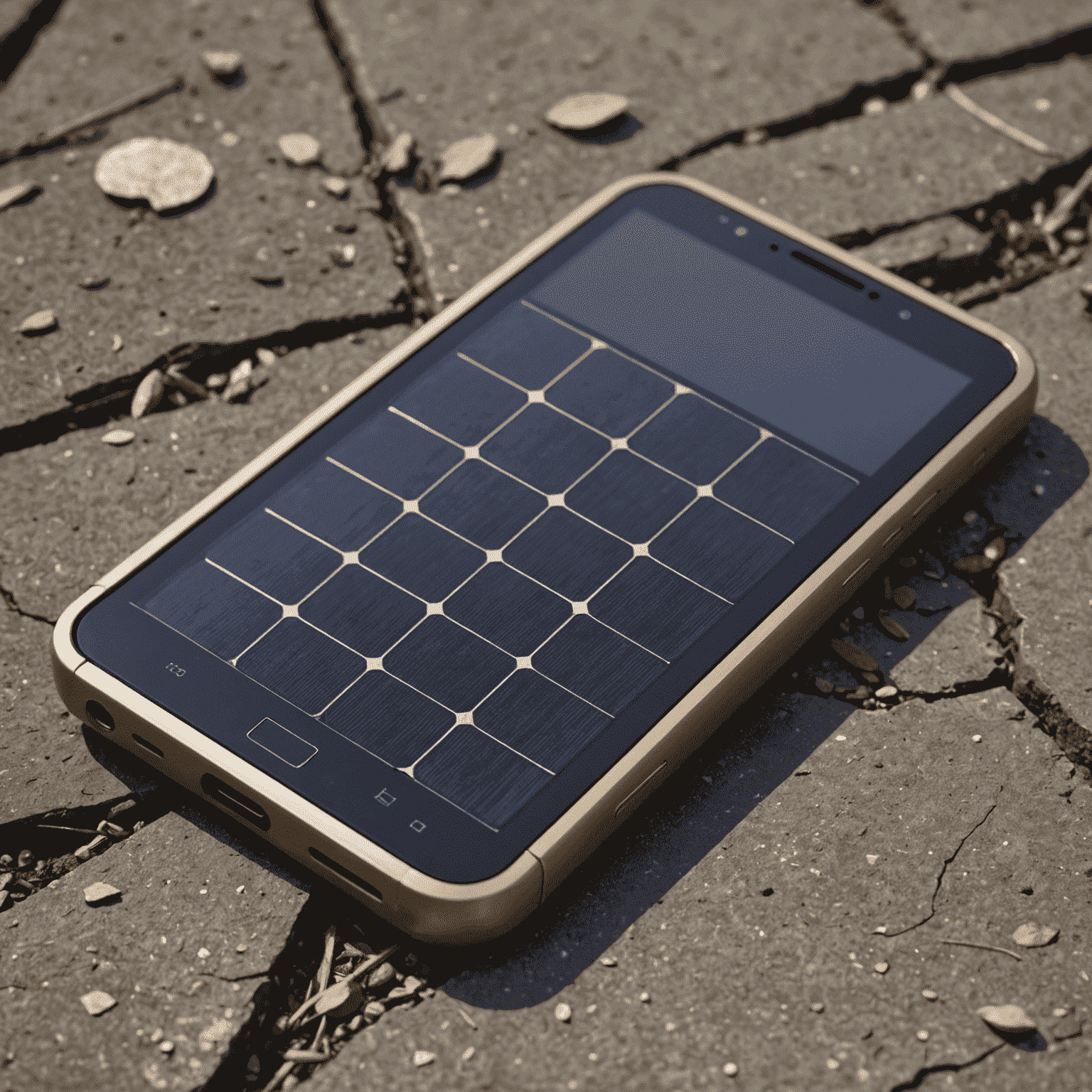 A sleek, eco-friendly smartphone made from recycled materials with a small solar panel integrated into its back