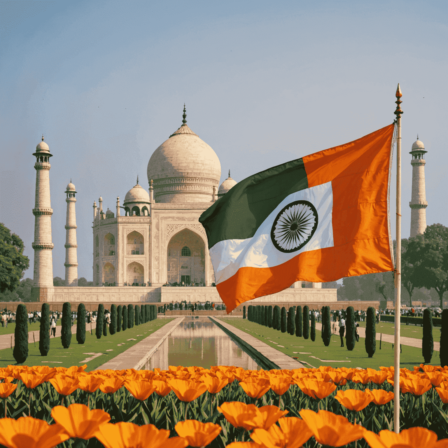 Indian flag, tricolor of saffron, white, and green with the Ashoka Chakra, waving in front of the Taj Mahal